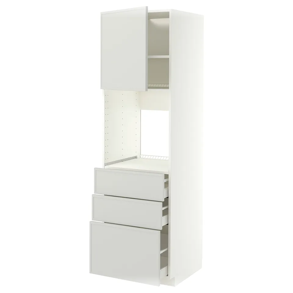 METOD / MAXIMERA High cab f oven w door/3 drawers, white/Aspudden light grey, 60x60x200 cm