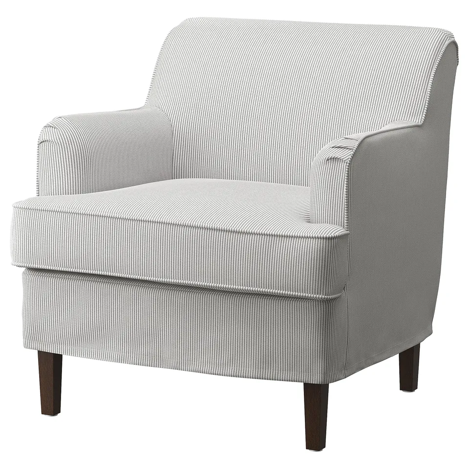 Single-seater armchair: ROCKSJÖN, grey patterned, wood legs, rounded design.