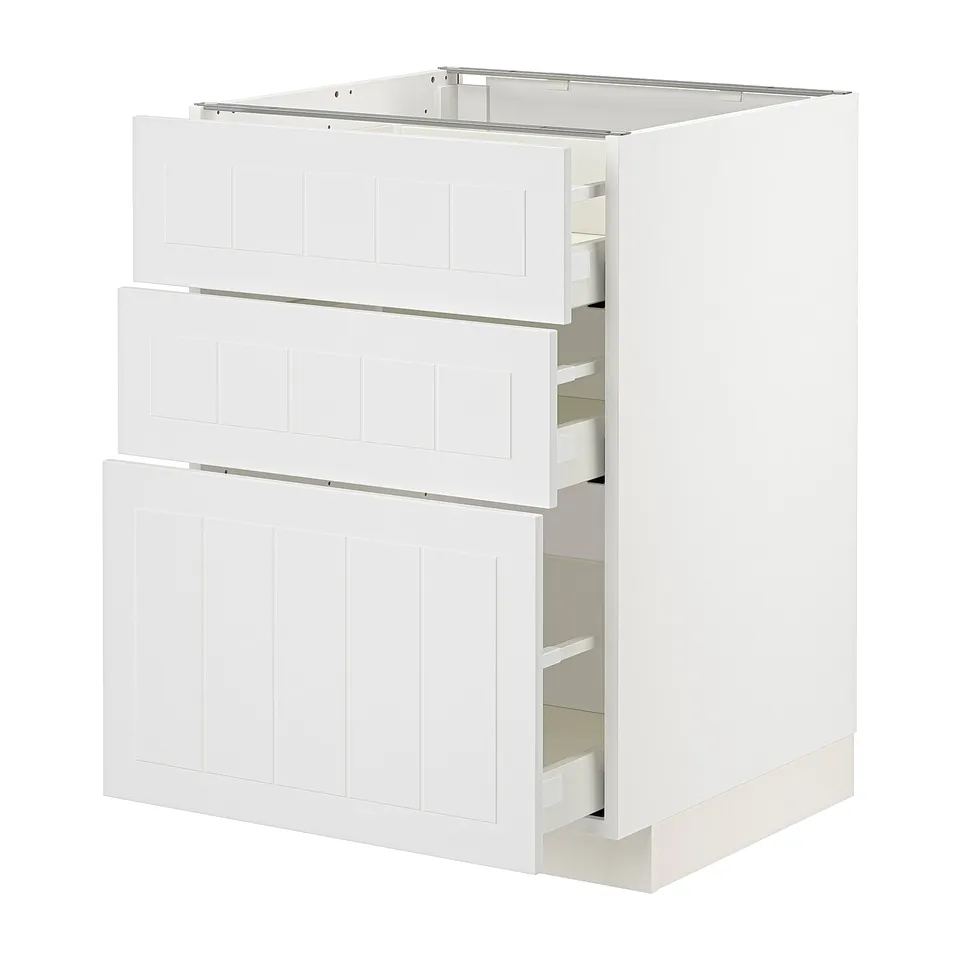 White METOD kitchen cabinet, three-drawer design with frame structure.