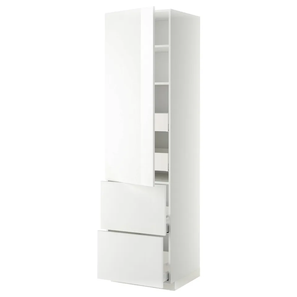White high gloss kitchen cabinet with drawers and shelves.