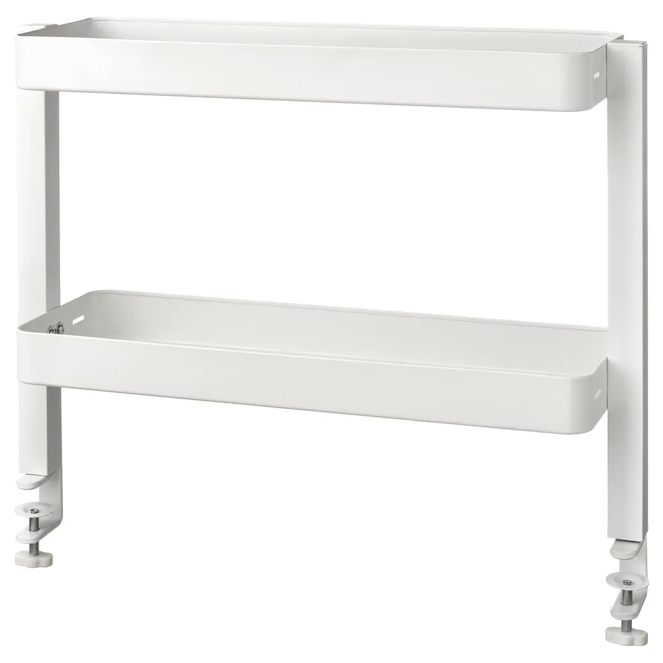 A white VATTENKAR shelf unit with two levels, designed for easy tabletop mounting.
