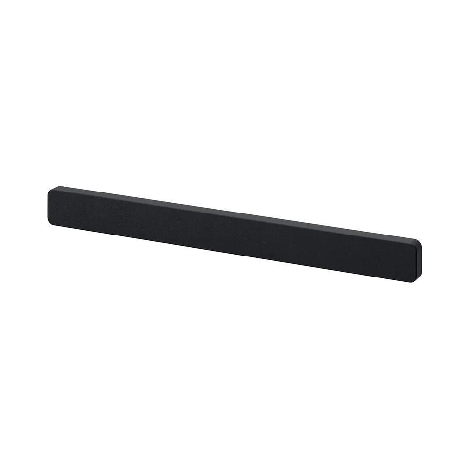A black HULTARP magnetic knife rack. Its made of metal with an epoxy powder coating, featuring a slim rectangular design for wall mounting.