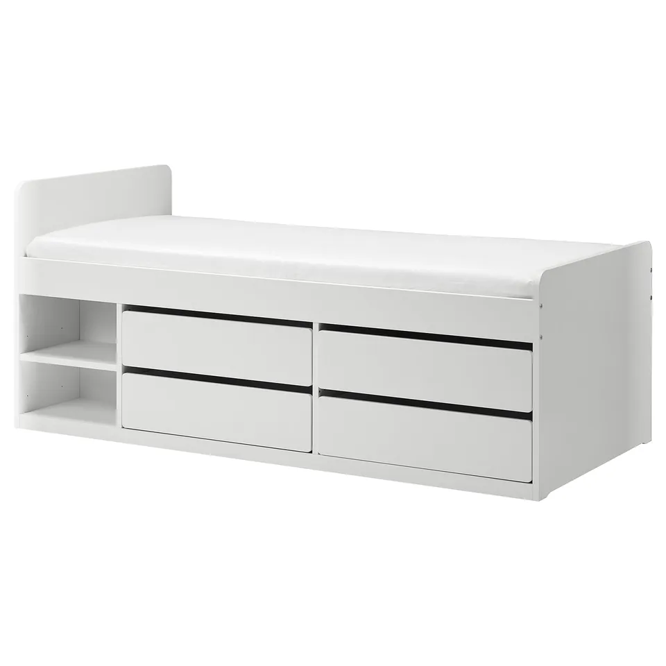 A white SLÄKT teen bed with storage drawers and shelves. Modern design, clean edges, and minimalist style.