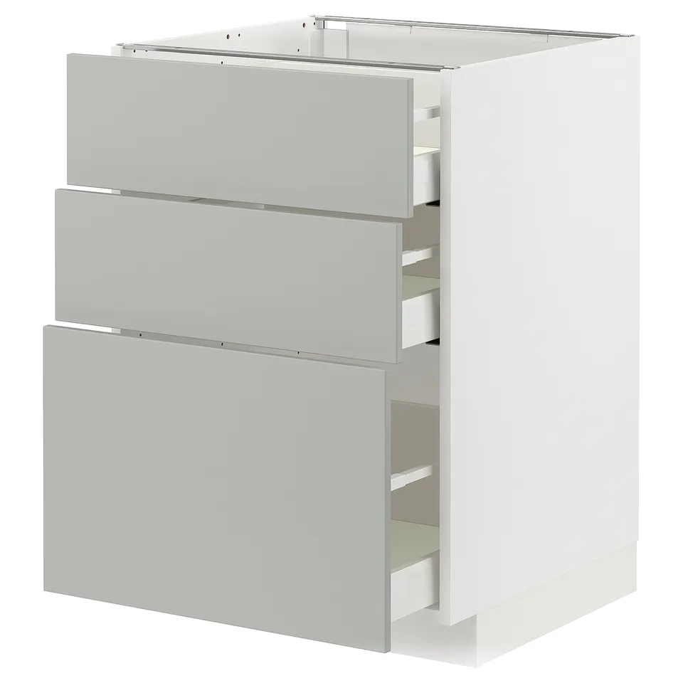 Modern white METOD kitchen unit with grey havstorp drawers; sleek, rectangular design.