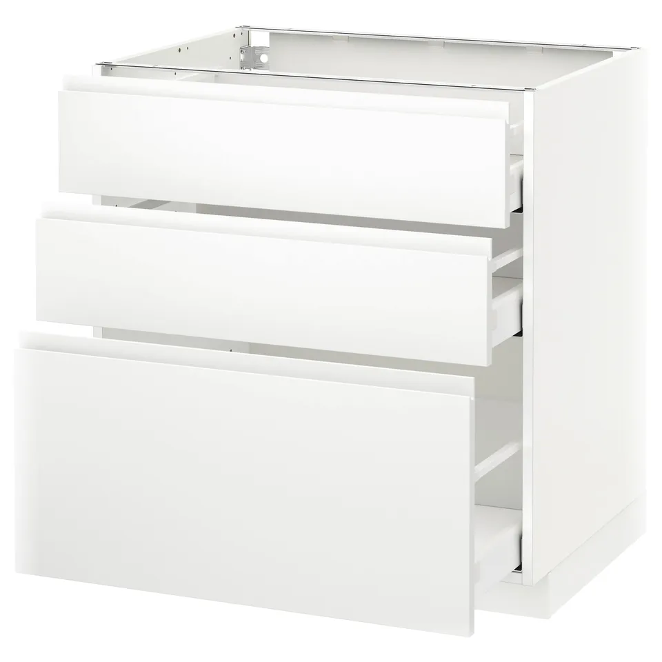 White METOD kitchen cabinet with three drawers, sleek minimalist design.