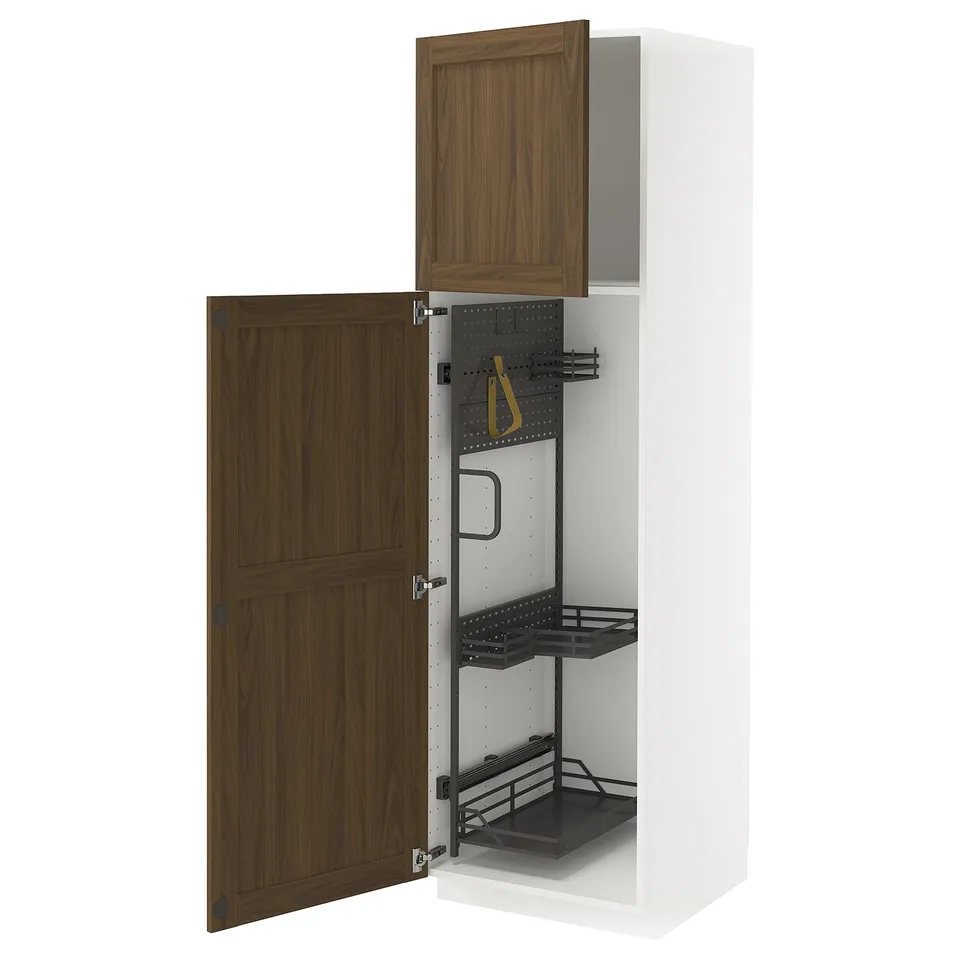 A white METOD kitchen cabinet with walnut wooden doors, open to reveal pull-out organisers inside.