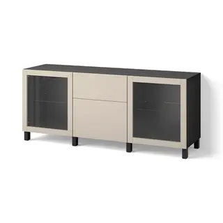 BESTÅ storage combination with drawers, black-brown Lappviken/Stubbarp/light grey-beige clear glass, Width 180 x Depth 42 x Height 74 cm