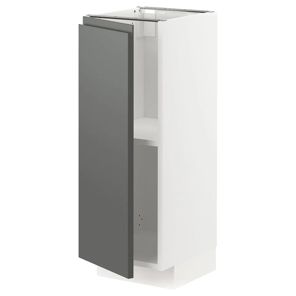 Modern grey-white kitchen cabinet, narrow, wall-mounted, two-tone design.