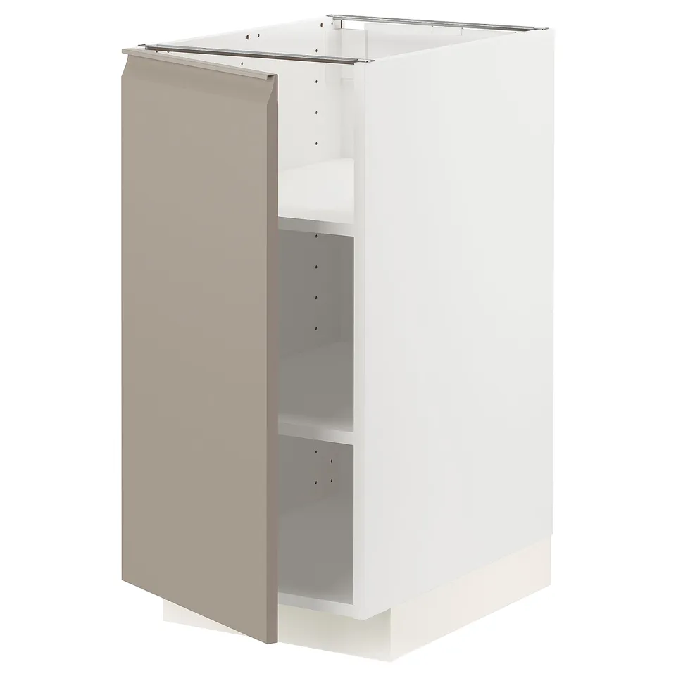 A white METOD kitchen cabinet with a grey-beige door, featuring modern, minimalist design.