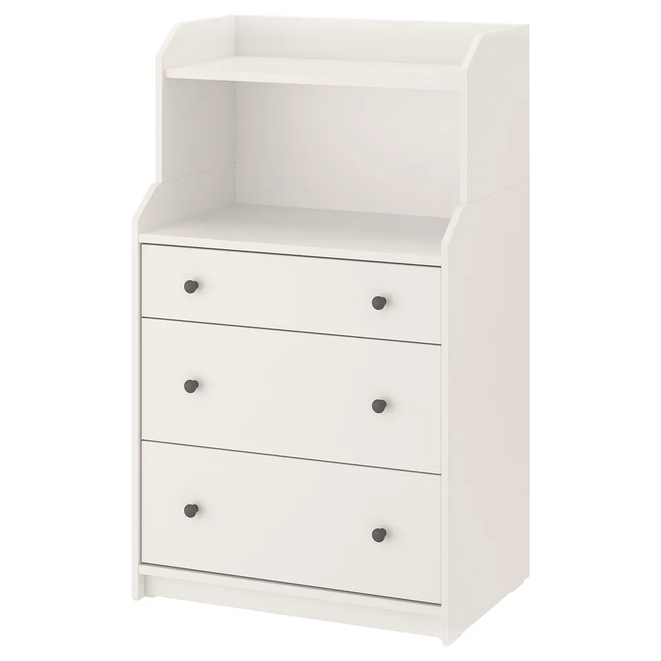 White HAUGA furniture, three-drawer & open shelf storage, wall-safe, versatile design.