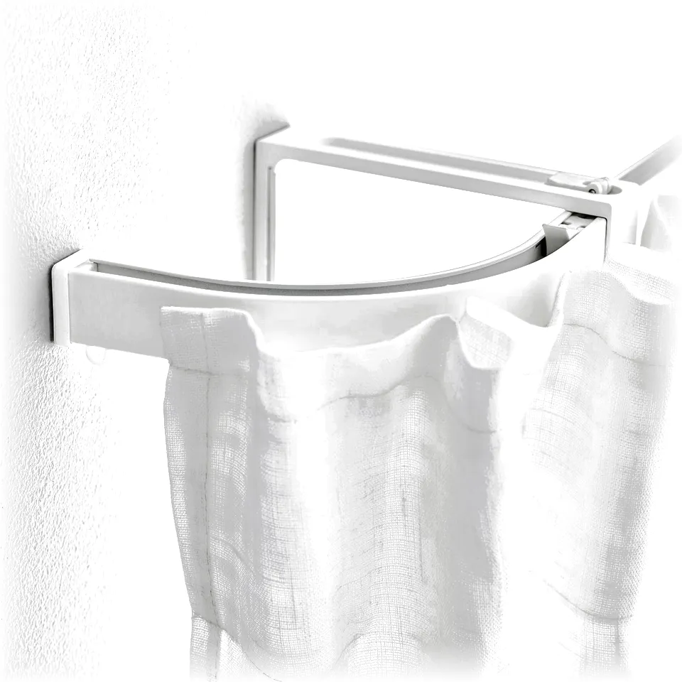 VIDGA curtain rail on wall with flexible bend, white curtain drawn.