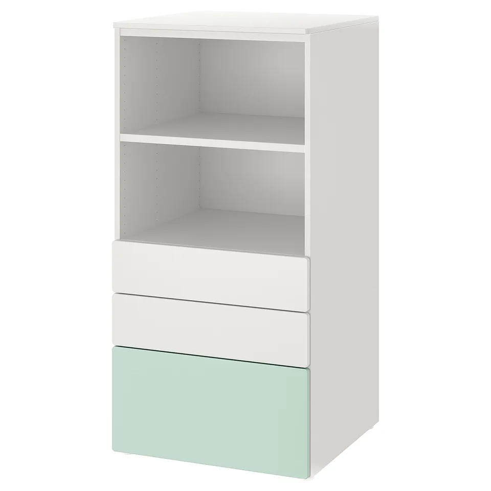 White SMÅSTAD bookcase with pastel green drawers, rectangular shape, with open shelves and storage drawers.
