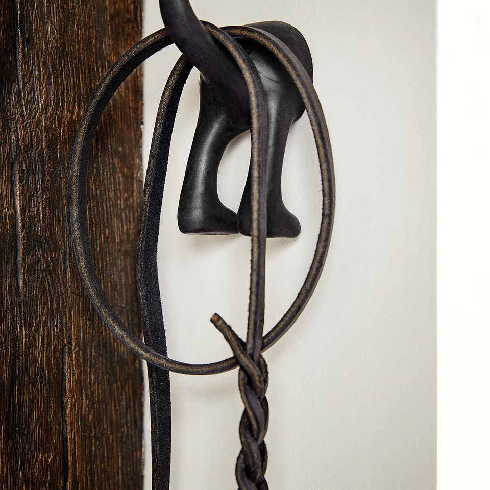 Black dog-shaped rubber hook on wooden wall, holding braided leather leash.