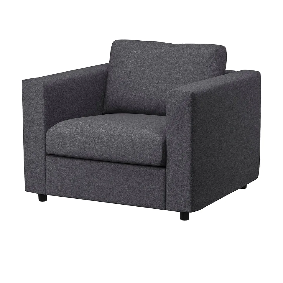 Grey VIMLE armchair, modern design, square shape, dark grey gunnared fabric.