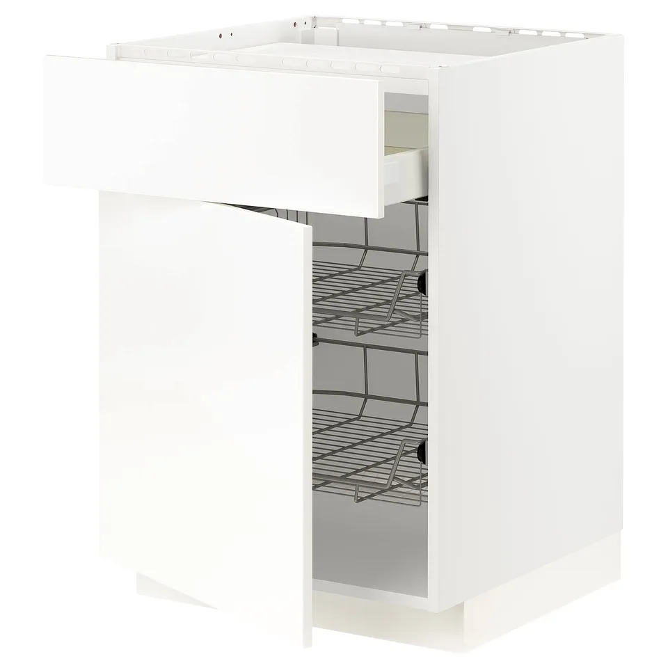A white METOD kitchen cabinet with wire shelves and a full-extension drawer.