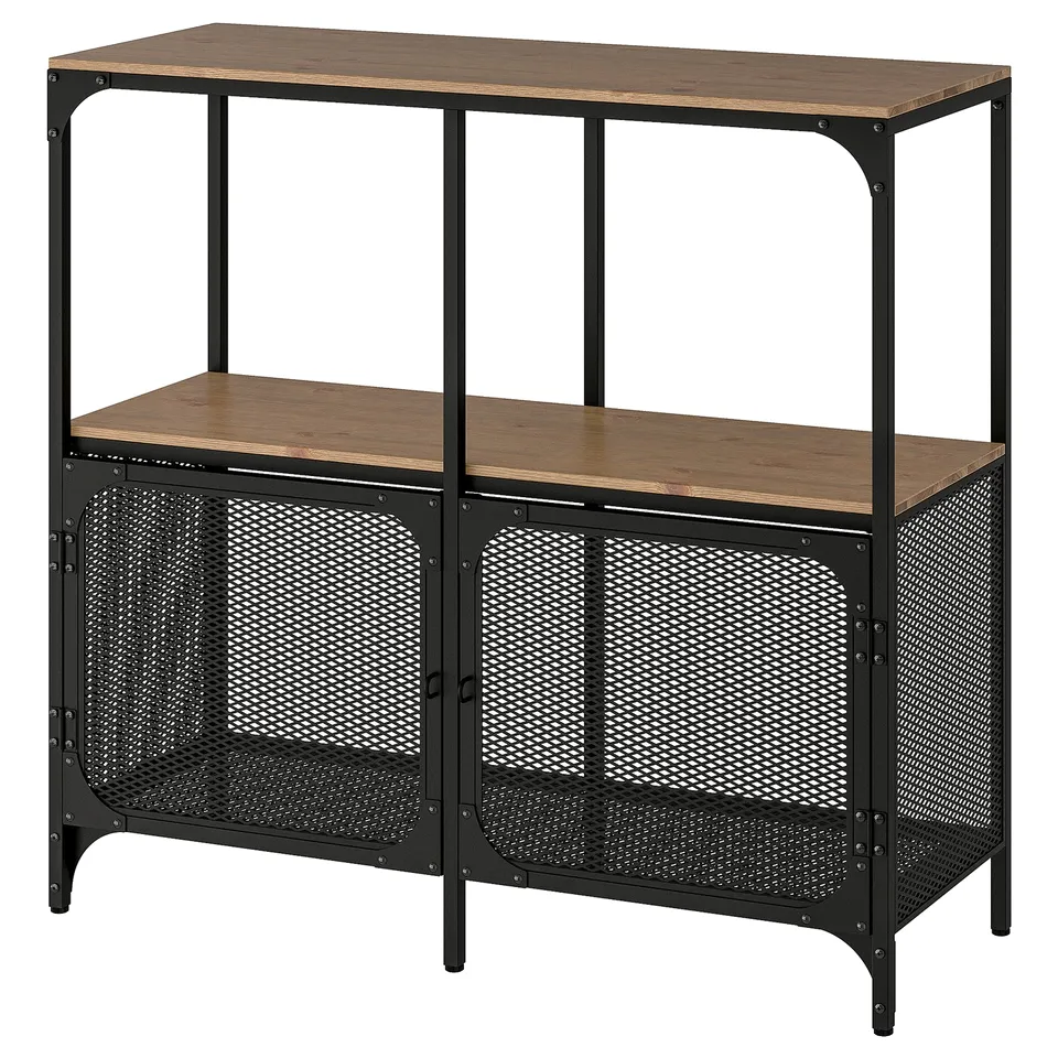 FJÄLLBO rustic shelf, black with wood top, industrial metal design, double open compartments, suitable for limited spaces.