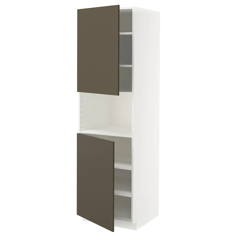 White tall kitchen cabinet, dark brown doors, adjustable shelf.