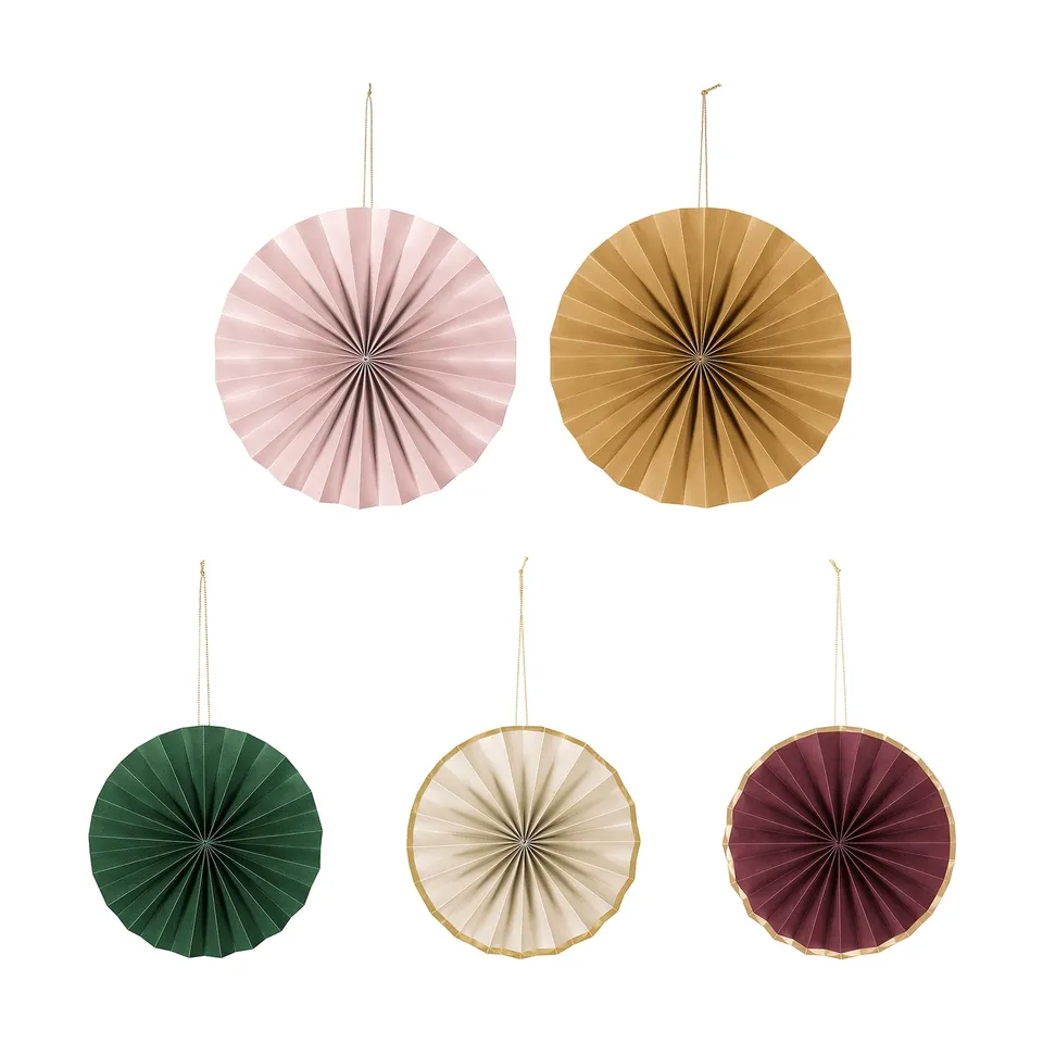 Six colourful paper circles hang with strings.