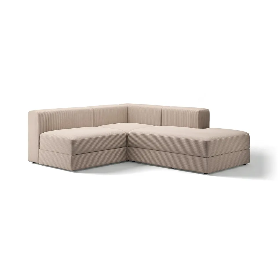 Modern beige sectional sofa with chaise, clean lines, soft cushions.