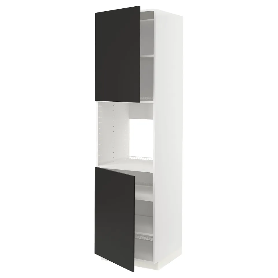 METOD kitchen unit with black doors & white shelves.
