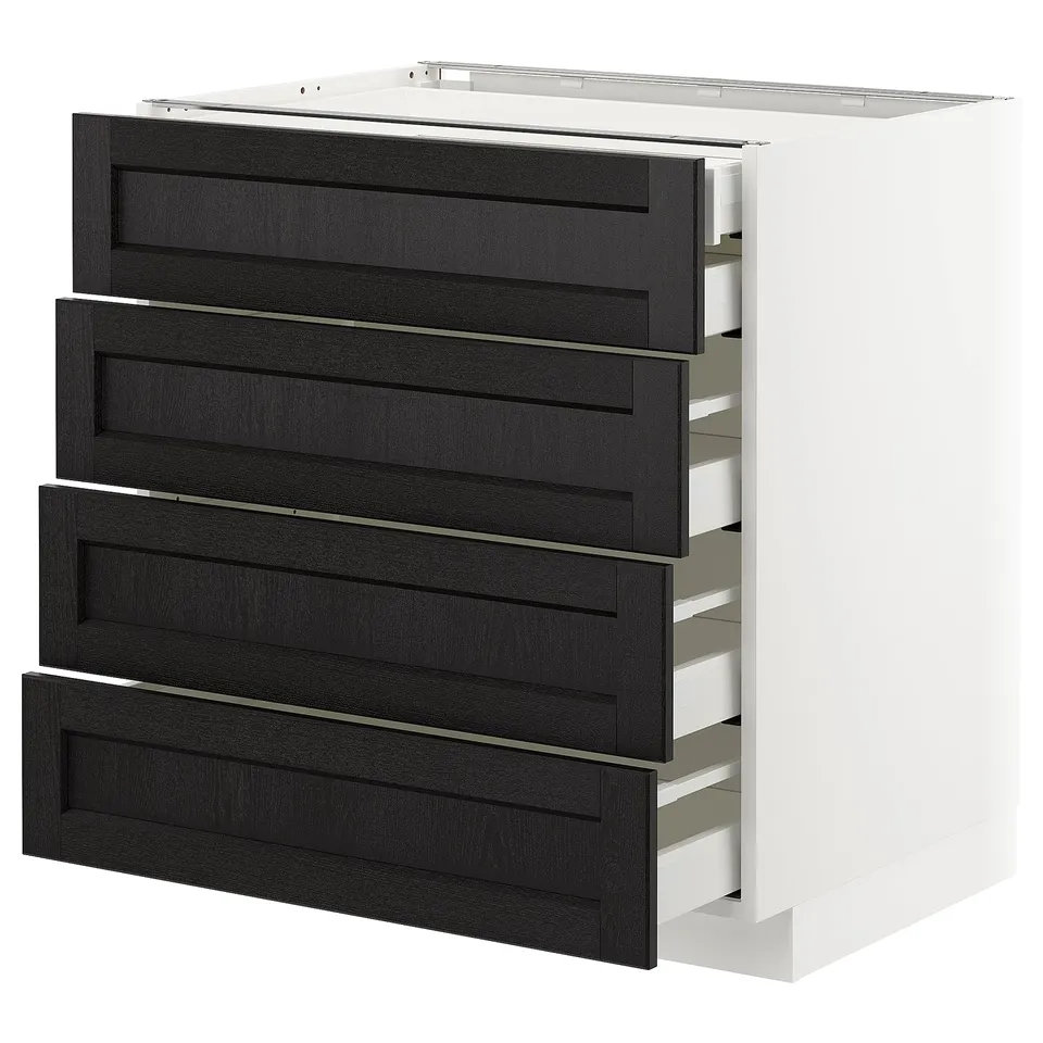 Modern METOD white cabinet with four black wooden drawers.