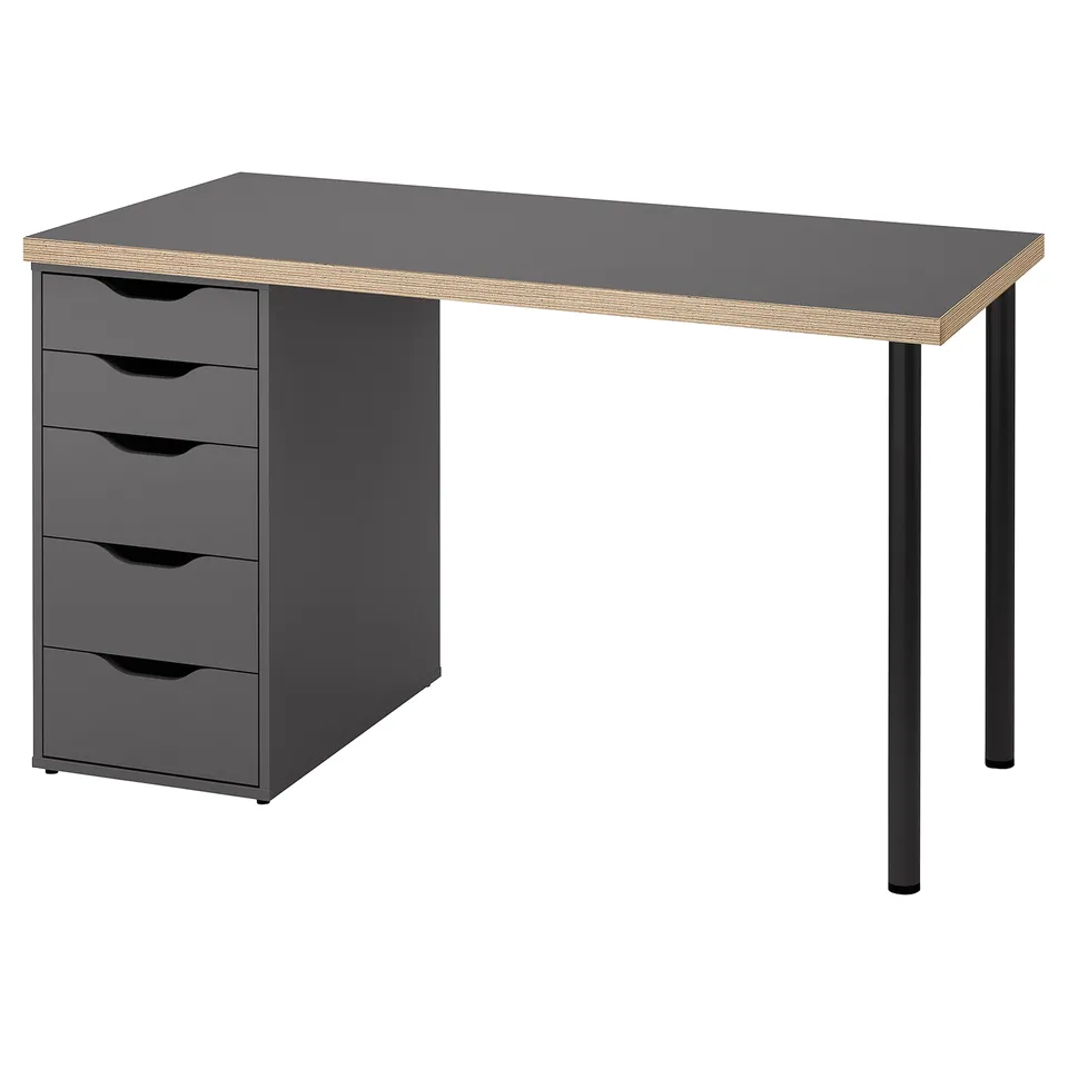 A black desk with four drawers, made of particleboard and steel legs, has a rectangular shape and minimalist design.