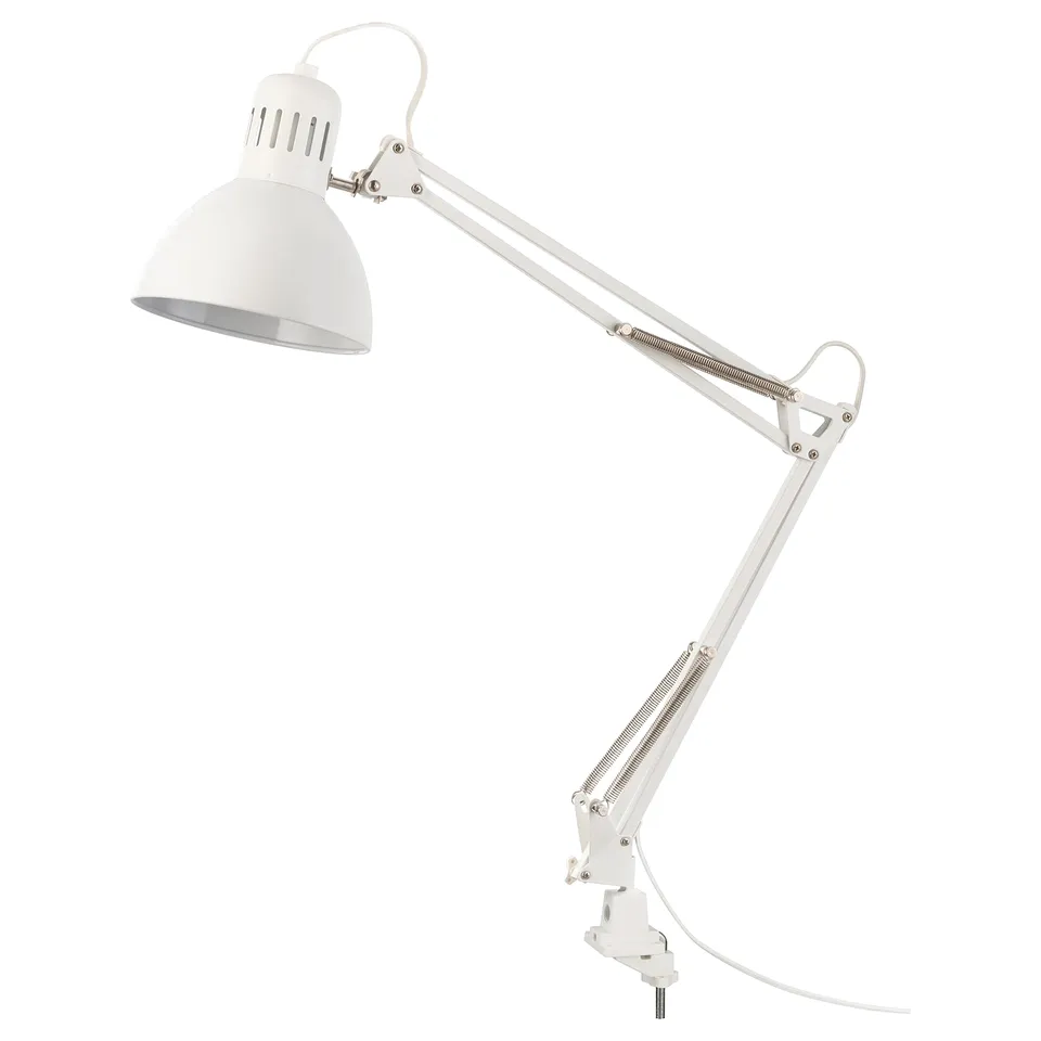 A white TERTIAL desk lamp with adjustable arms and a classic design.