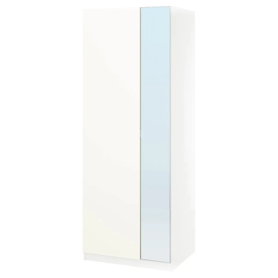 PAX wardrobe: white, slim, mirrored sliding doors, adjustable feet, soft-closing hinges, internal storage solutions.