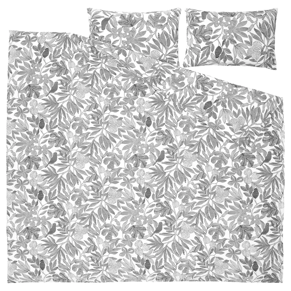 Brokkdræterna duvet & pillow set in grey/white, intricate floral pattern, made from recycled & viscose fabric.