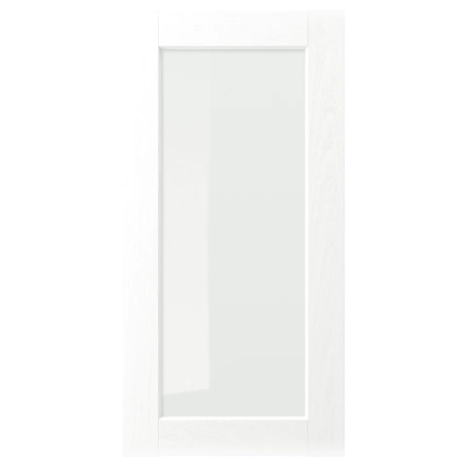 White ENKÖPING cabinet door with glass panel, sleek design, smooth surface.