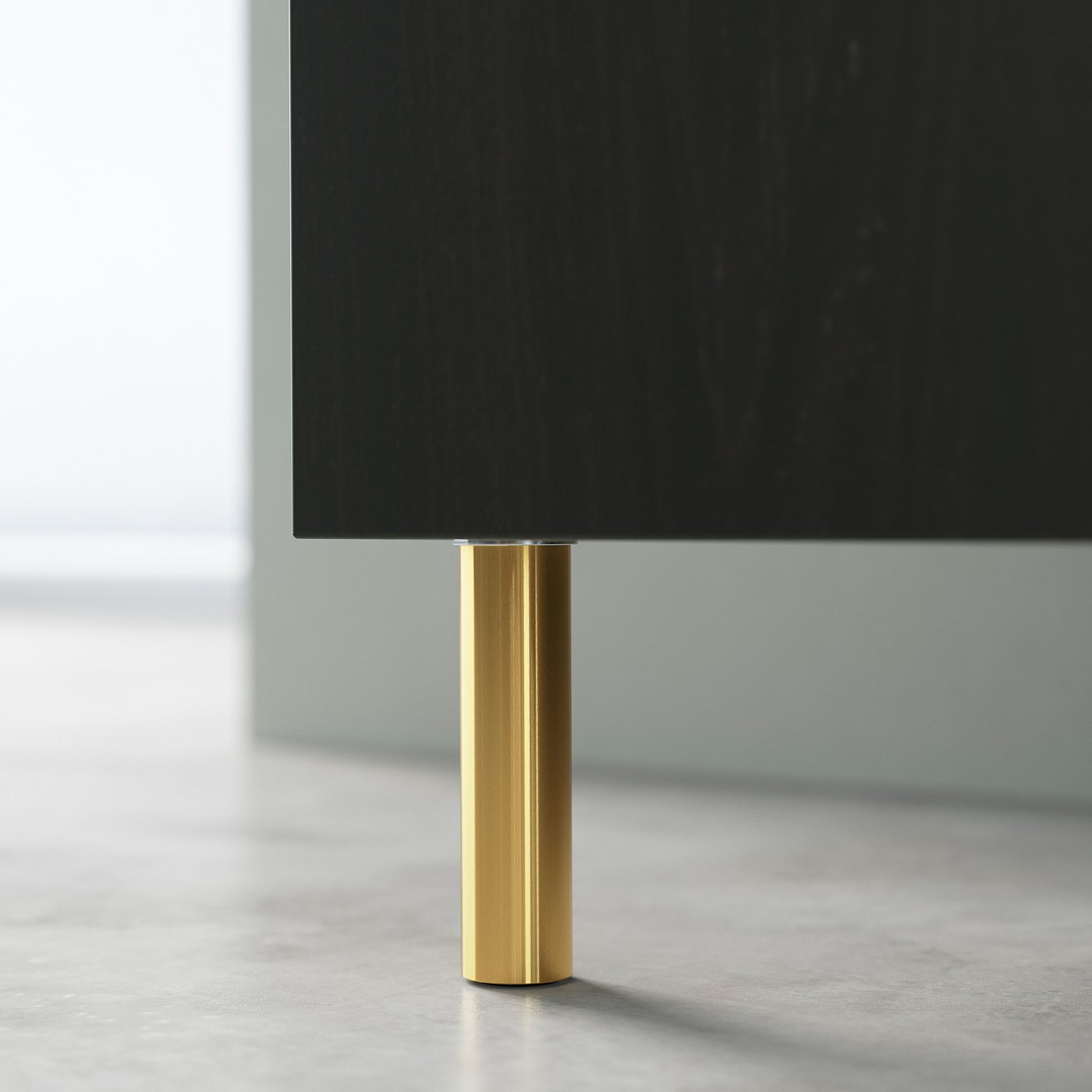 Modern black tv unit with gold legs, sleek design, adjustable support.