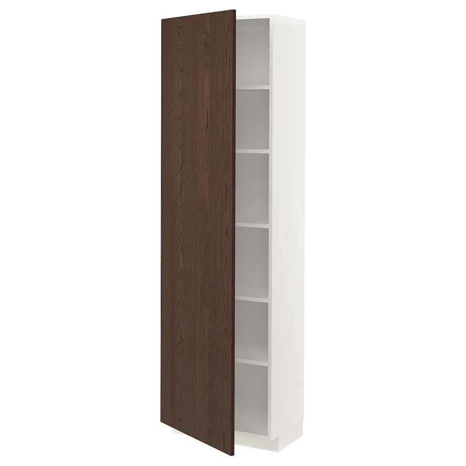 METOD tall white cabinet with dark brown wood door and shelves.