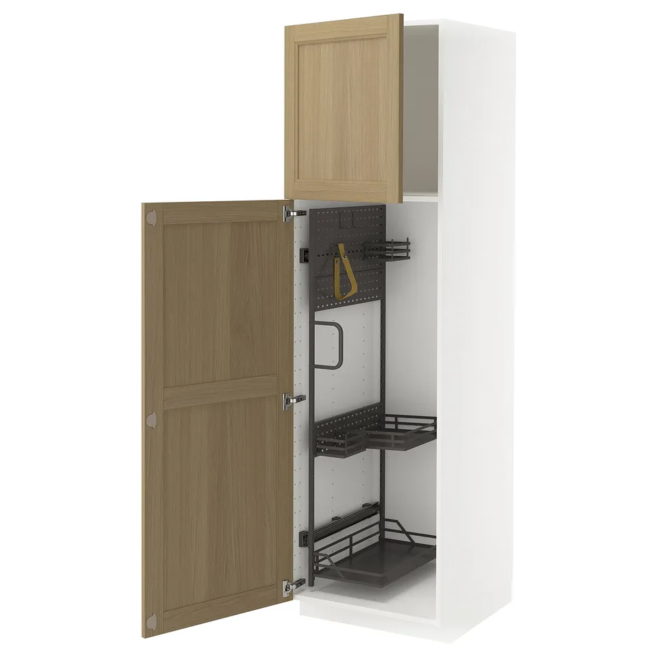 METOD white kitchen cabinet with oak door, open with storage shelves.