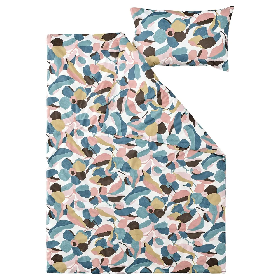 Colourful leaf bedding set in pink, blue, green on white - duvet & pillow.