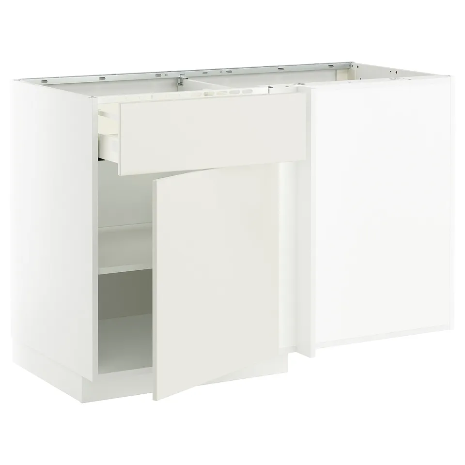 A white METOD kitchen unit with a modern design, featuring a base cabinet and shelves.