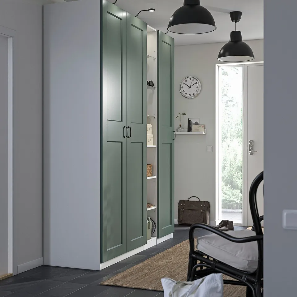 PAX / GRIMO Wardrobe combination, white grey-green/white, 185x60x236 cm