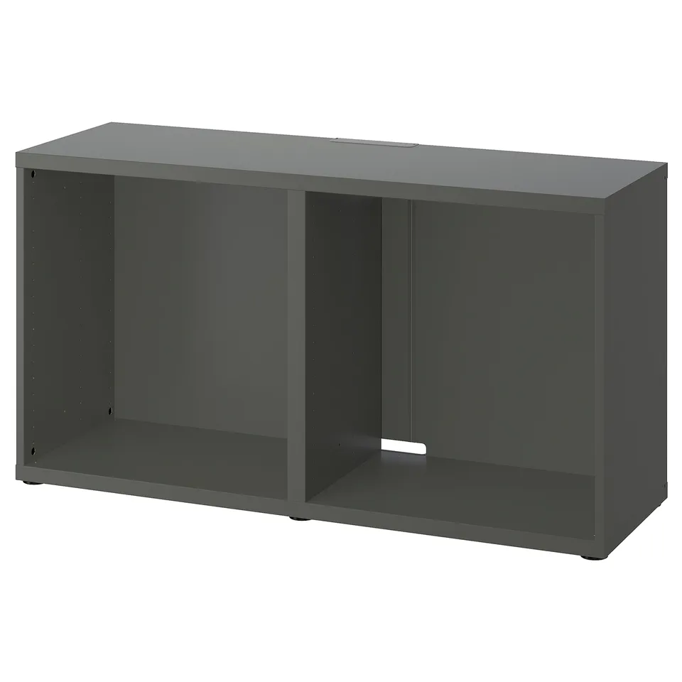 Dark grey rectangular shelf unit, part of IKEAs BESTÅ series, with open compartments and sleek design.