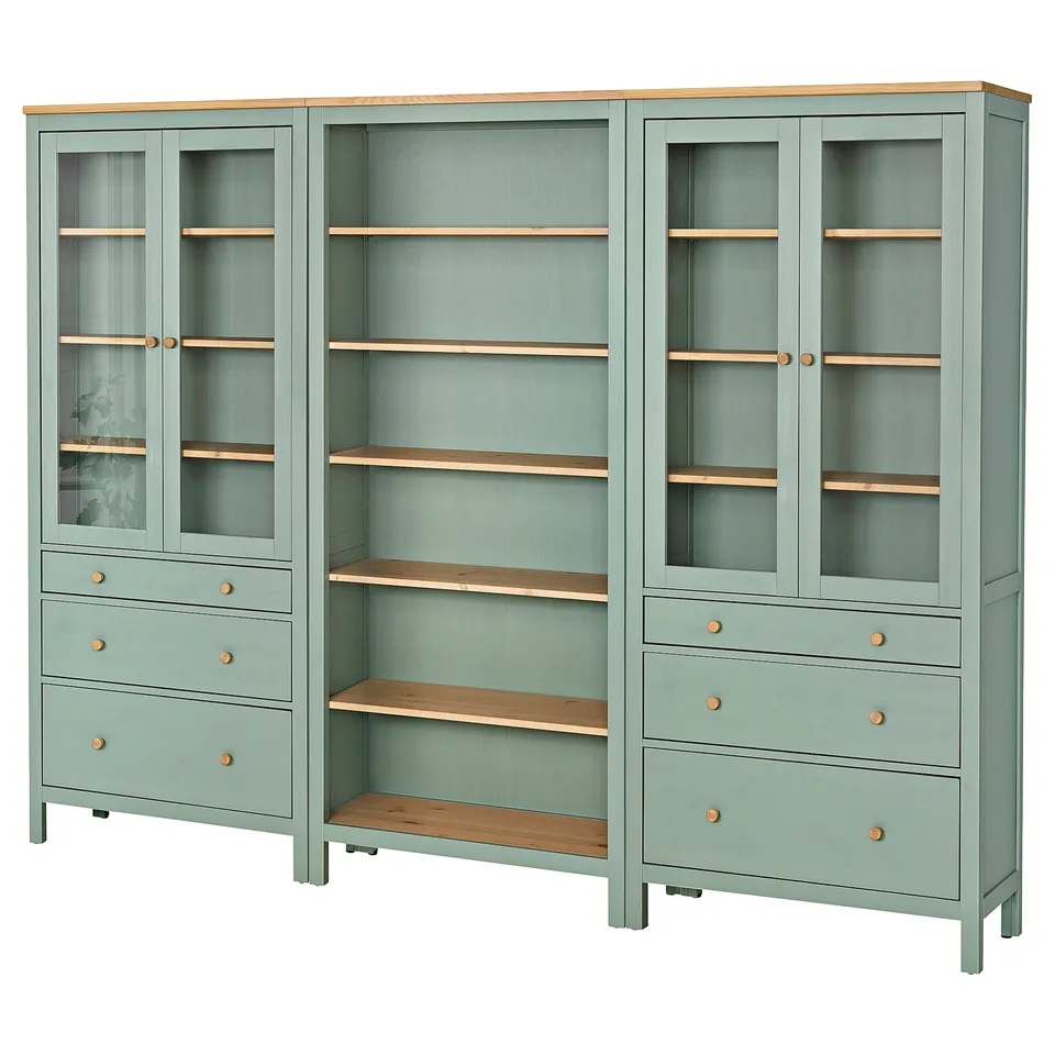 HEMNES bookcase unit: light green, wooden, rectangular, open & glass doors, adjustable shelves.
