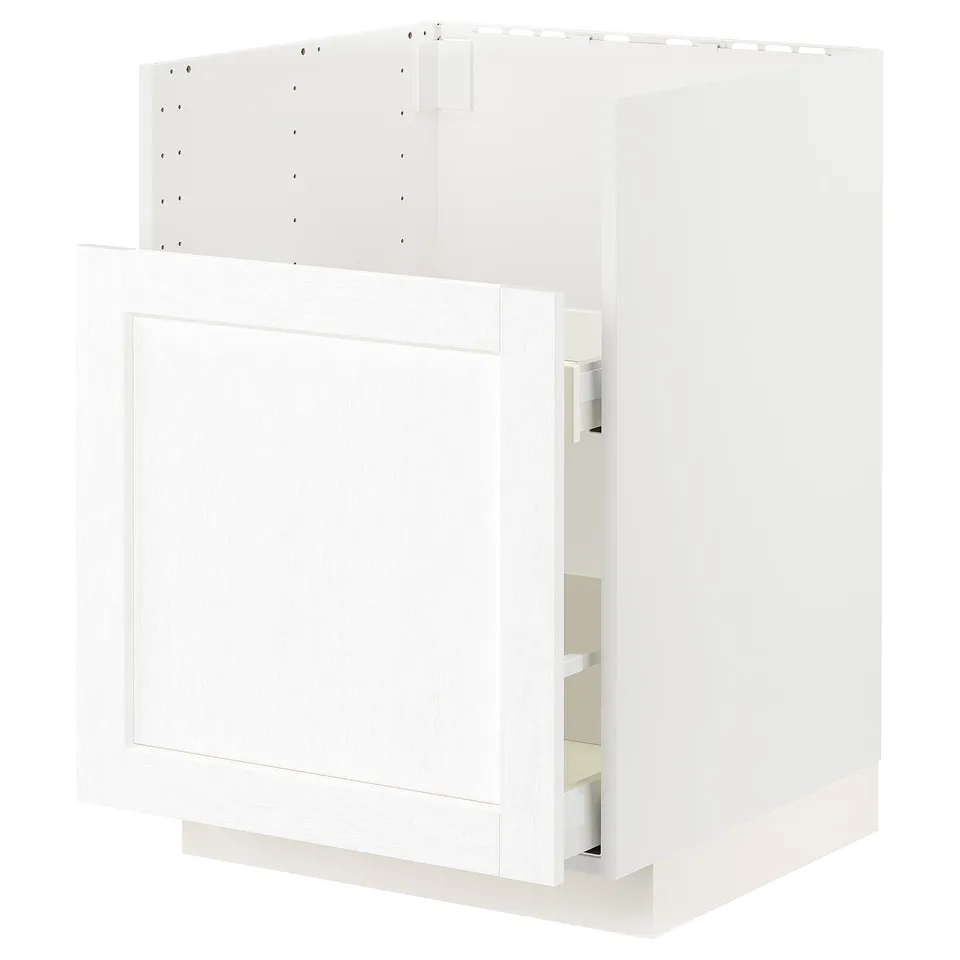White METOD kitchen cabinet with drawer and shelves.