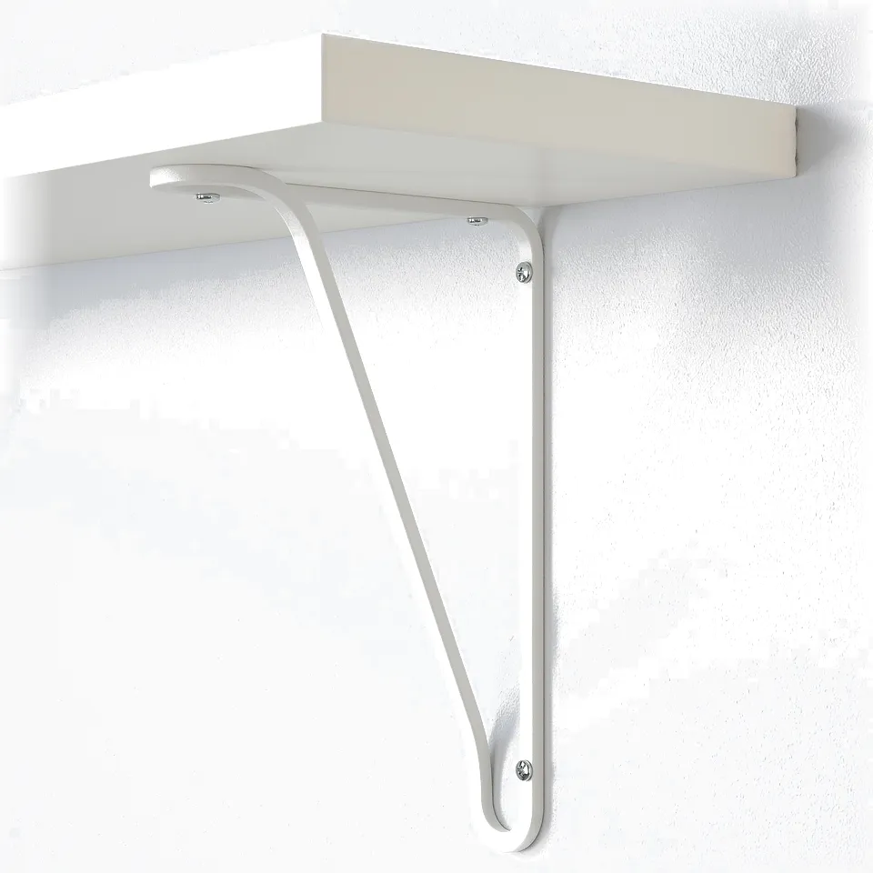 Wall-mounted white shelf with sturdy steel brackets, securely fastened to the wall.
