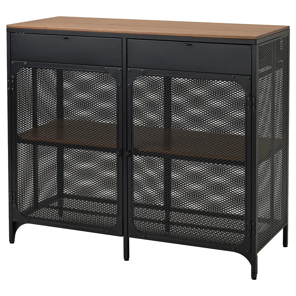 FJÄLLBO sideboard: black steel, wooden top, rustic & industrial, 3 shelves.