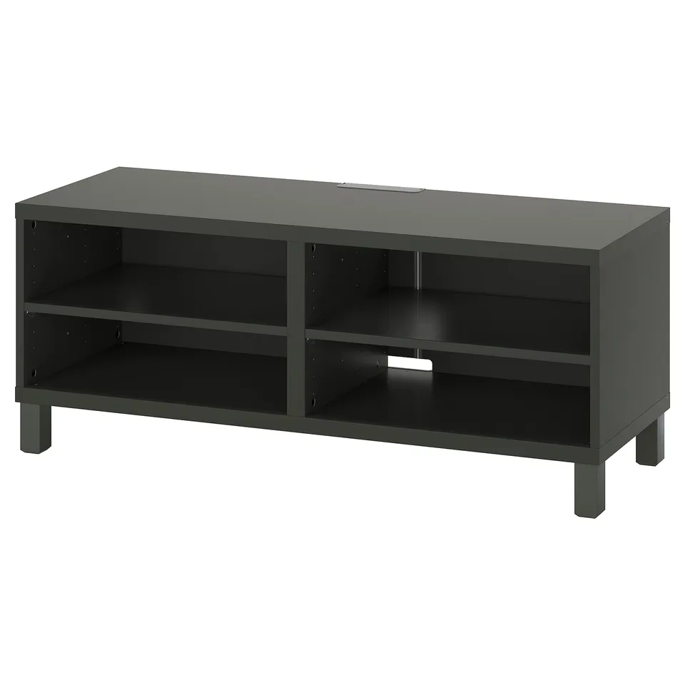 An ikea BESTÅ tv bench in dark gray with adjustable shelves and cable management.