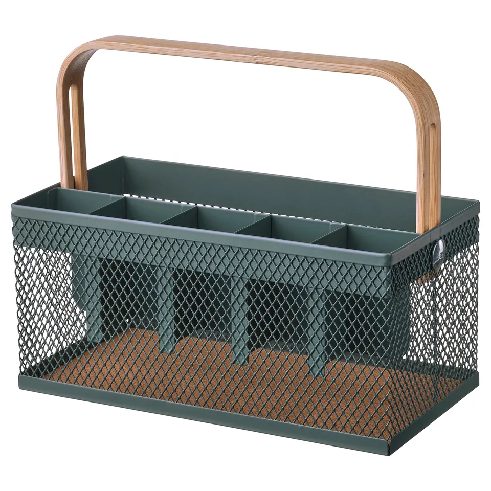 VIMPELFISK green metal basket with bamboo handle, organised compartments, diamond mesh design.