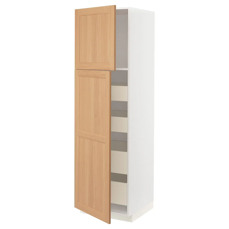 An open METOD kitchen cabinet with light oak doors and multiple shelves.