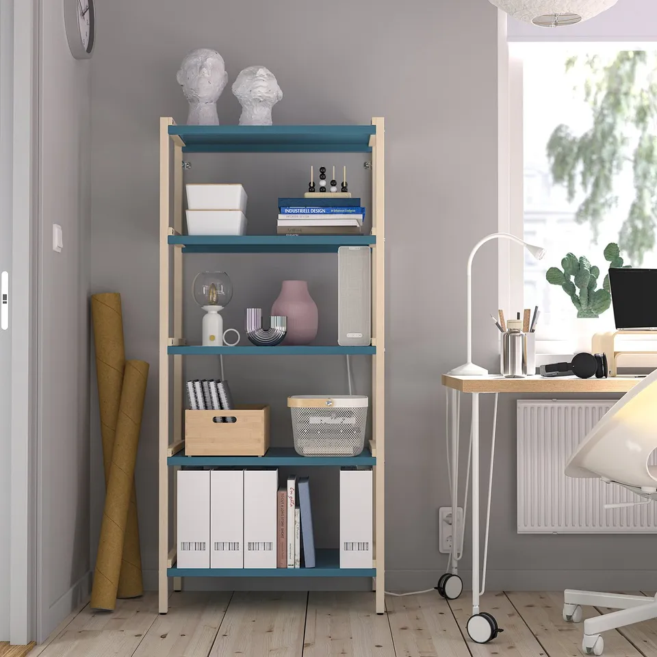 EKENABBEN teal-blue shelving unit in modern home office, small, fits neatly.