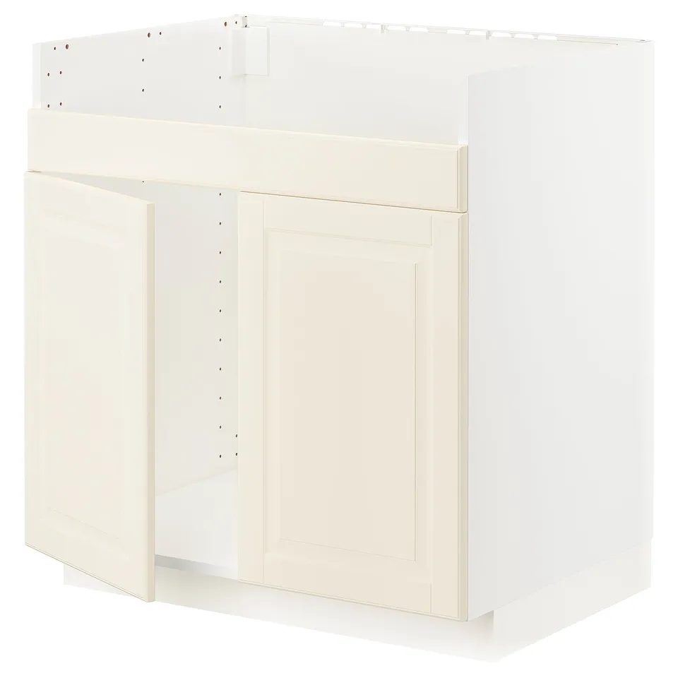 Off-white METOD cabinet, traditional design, bevelled edges.