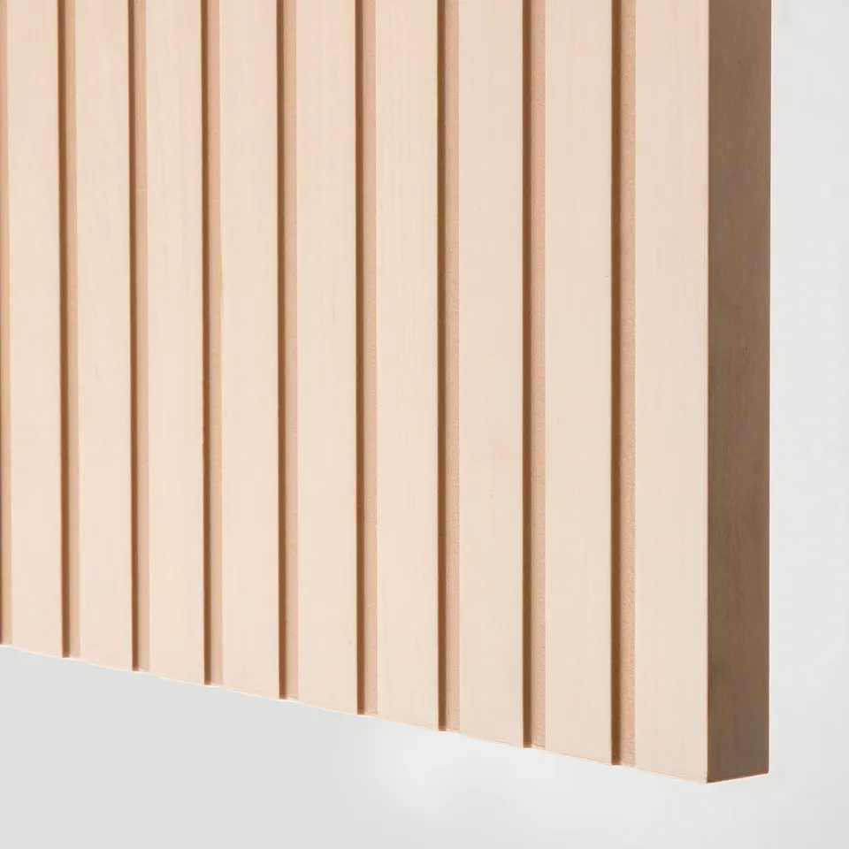 Vertical wooden slats on a sideboard, quality finish, natural wood-grain appearance.
