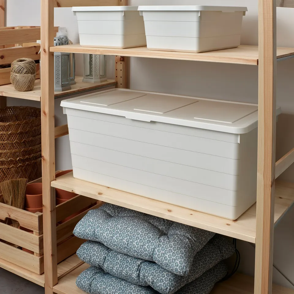 White SOCKERBIT storage boxes. Large size, stackable, fits on ivar shelves, made of recycled polypropylene.