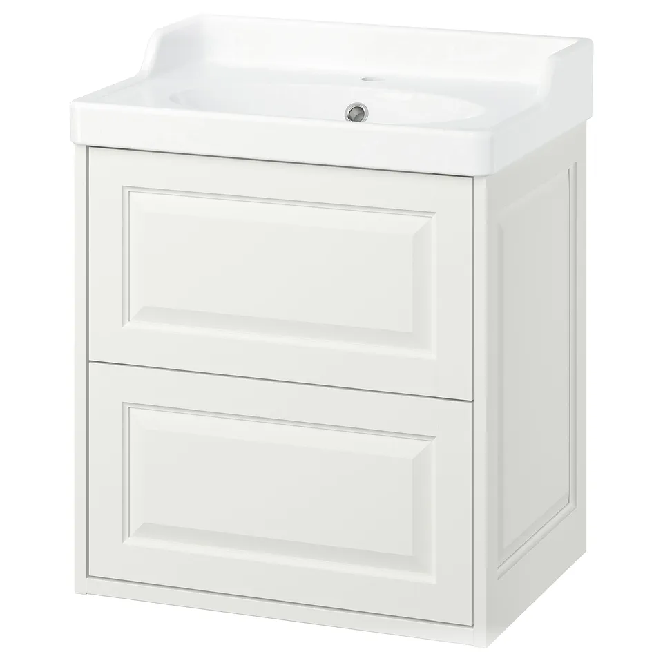 TÄNNFORSEN white bathroom vanity, classic design with bevelled edges, two drawers, ceramic sink.
