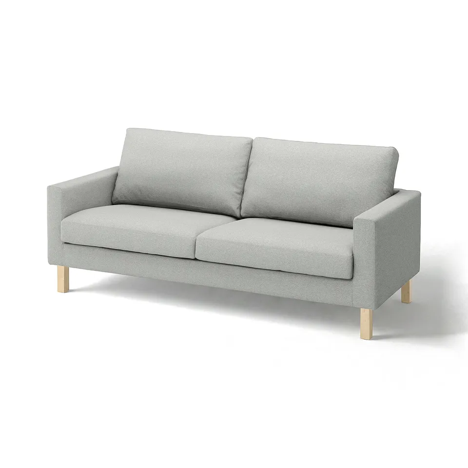 Light grey SALTSJÖBADEN sofa, modern minimalist design with light wooden legs. Soft polyester upholstery.